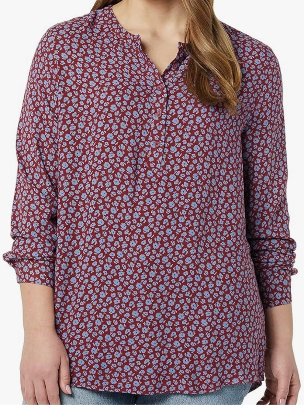 Burgundy Long-Sleeve Floral Henley Blouse Women’s Size XXL Cottagecore Indie